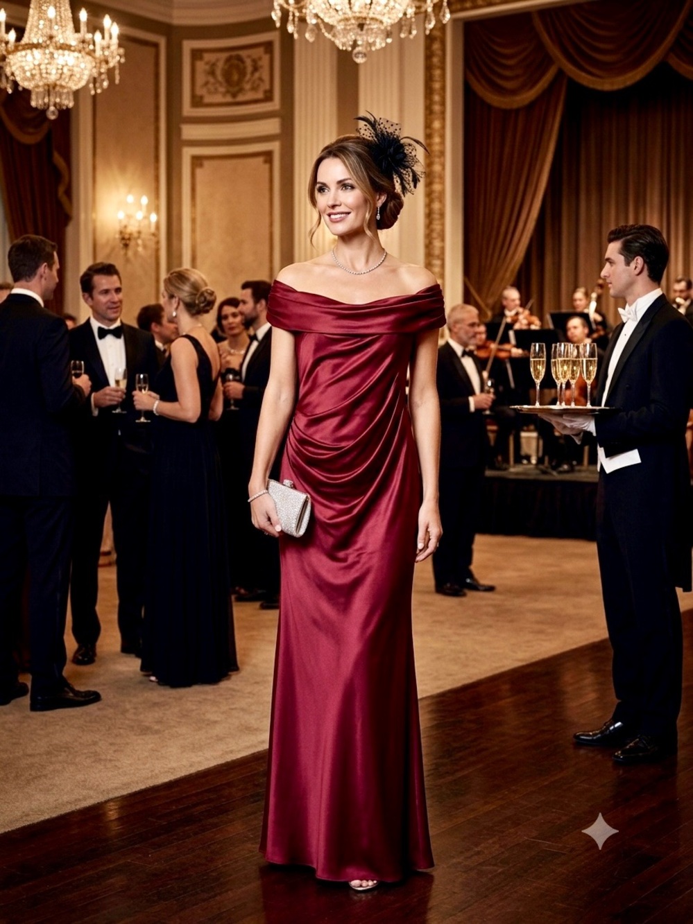 Elegant Off-Shoulder Burgundy Satin Evening Gown